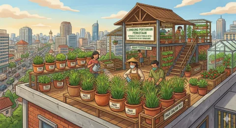 Ilustrasi ketahanan pangan dengan menanam padi di pot. Foto: Google Gemini