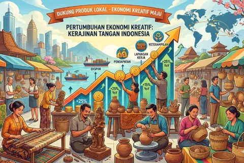 Ilustrasi tren positif pertumbuhan ekonomi kreatif kerajinan tangan Indonesia menembus pasar internasional. Foto: Google Gemini/Lingkar.co