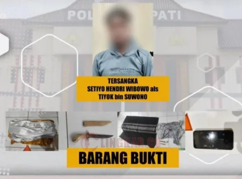 Tersangka beserta barang bukti pembunuhan perangkat desa di Pati. Foto: Dokumentasi.