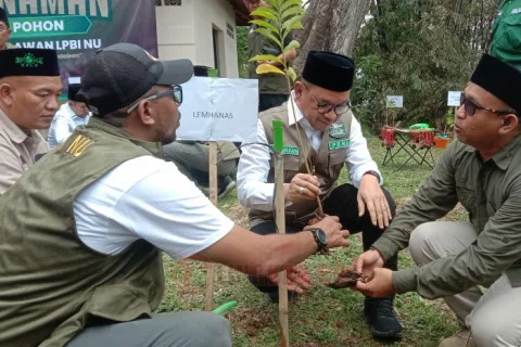 Ace Hasan Syadzily saat melakukan penanaman pohon secara simbolis seusai apel pembukaan Jambore Nasional Zona II di Curug Sewu Kendal. Foto: istimewa