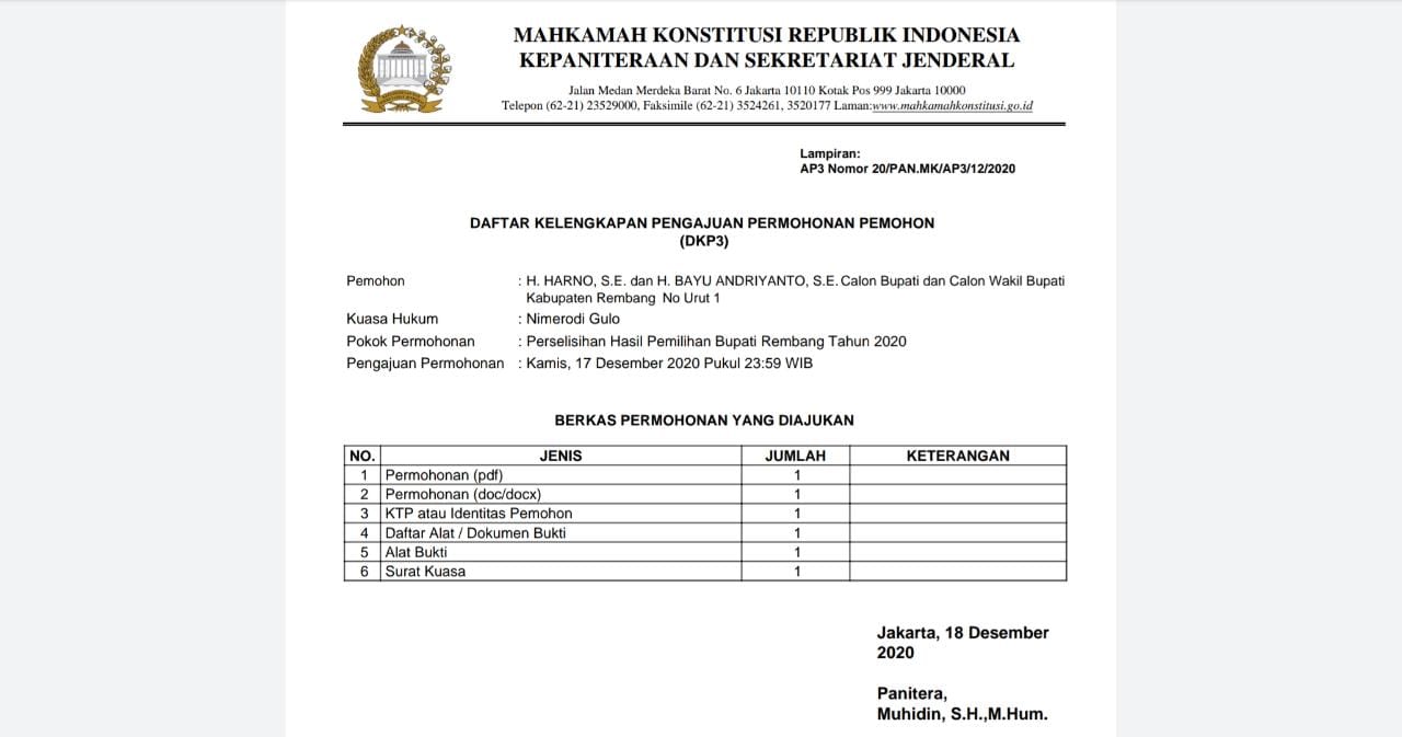 TANGKAPAN LAYAR : Draft Daftar Kelengkapan Pangajuan Permohonan Pemohon (DKP3) MK. (DOK LINGKAR JATENG)