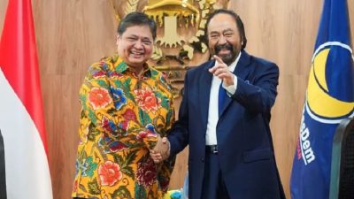 Ketua Umum Partai Golkar Airlangga Hartarto (kiri) saat bertemu dengan Ketua Umum Partai NasDem Surya Paloh. IG Partai Golkar/Lingkar.co