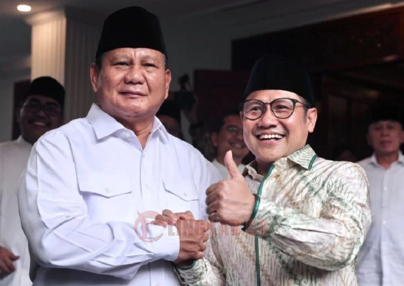 Ketum Gerindra, Prabowo Subianto dengan Ketum PKB, Muhaimin Iskandar atau Cak Imin, saat jumpa pers di kediaman Prabowo, Jalan Kertanegara, Jakarta Selatan, Jumat (28/4/2023). FOTO: Dok. Gerindra