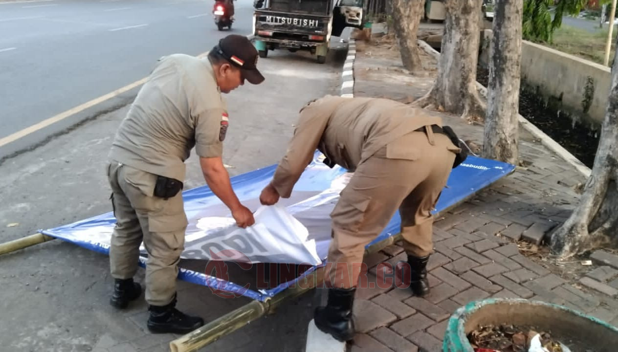 Proses pencopotan Baliho Bacaleg oleh Satpol PP Kota Semarang/Foto: Alan Henry