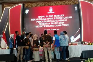 Rapat pleno terbuka rekapitulasi suara Pemilu 2024 tingkat Provinsi Jawa Timur. Foto: Istimewa.