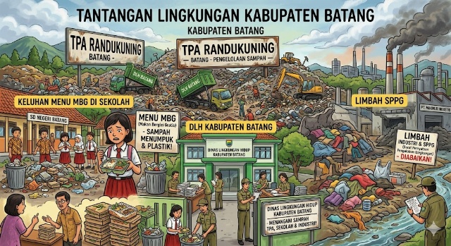 Ilustrasi AI Google Gemini, kondisi TPA Randukuning, keluhan menu MBG dan beban DLH Kabupaten Batang akibat tambahan limbah dari industri baru SPPG. Lingkar.co
