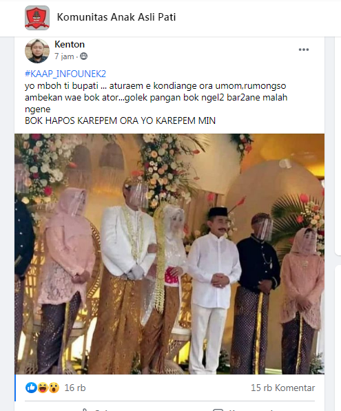 VIRAL: Tangkapan layar Bupati Pati Haryanto tak bermasker saat menghadiri pernikahan salah satu warga Minggu (17/1/2021).(ISTIMEWA/LINGKAR.CO)
