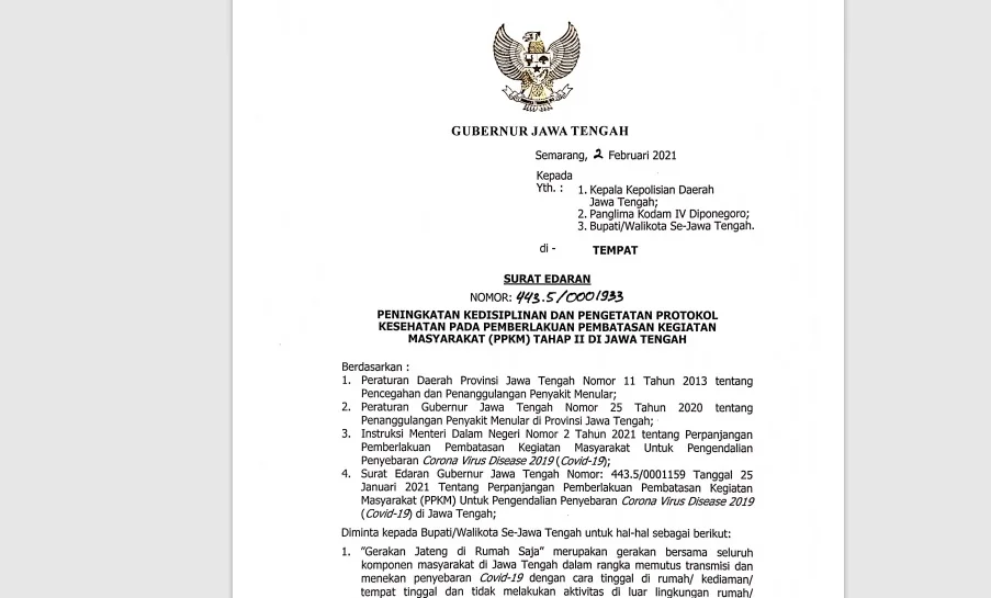 Tangkapan layar SE Gerakan Jateng di Rumah Saja. (DOK. LINGKAR.CO)