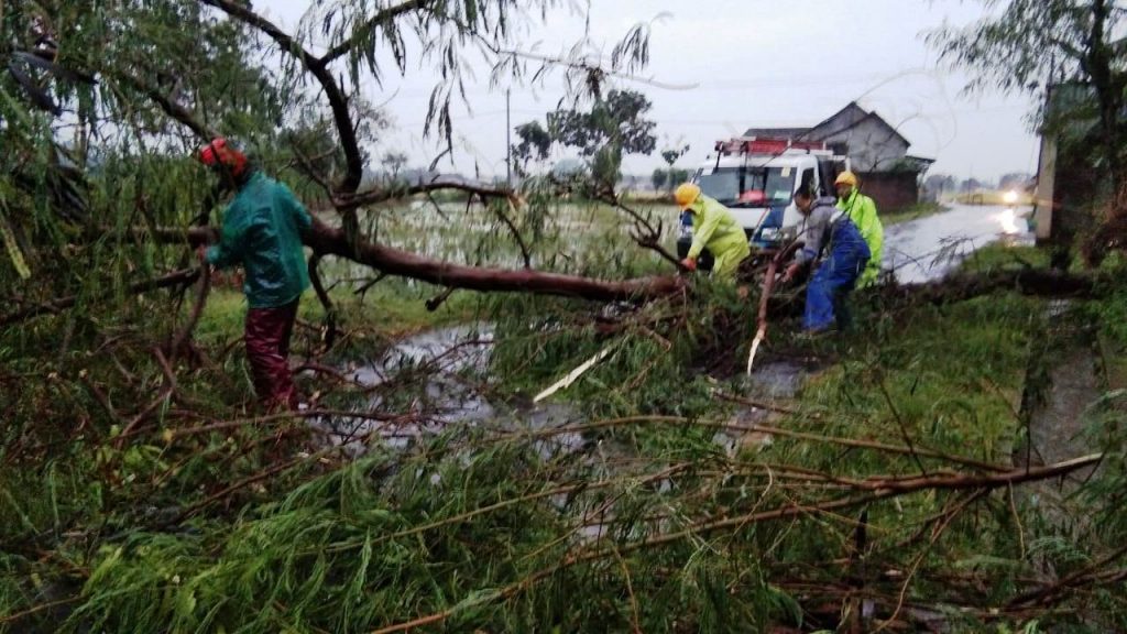 PENANGANAN: Tim SAR berusaha memotong pohon yang tumbang merintangi jalan di Kecamatan Matesih, Kabupaten Karanganyar Jumat (19/3/2021).(PUJOKO/LINGKAR.CO)