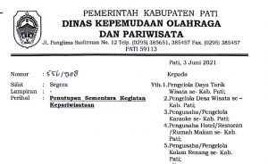 Dinporapar Pati Terbitkan SE tentang Penutupan Sementara Kegiatan Kepariwisataan, Berikut Lengkapnya