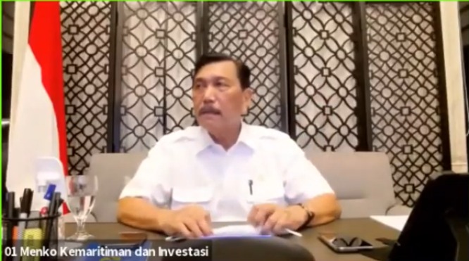 VIRTUAL: Menteri Koordinator Bidang Kemaritiman dan Investasi, Luhut B. Pandjaitan, dalam Keterangan Pers secara virtual, Minggu (25/7/2021) malam. (ISTIMEWA/LINGKAR.CO)