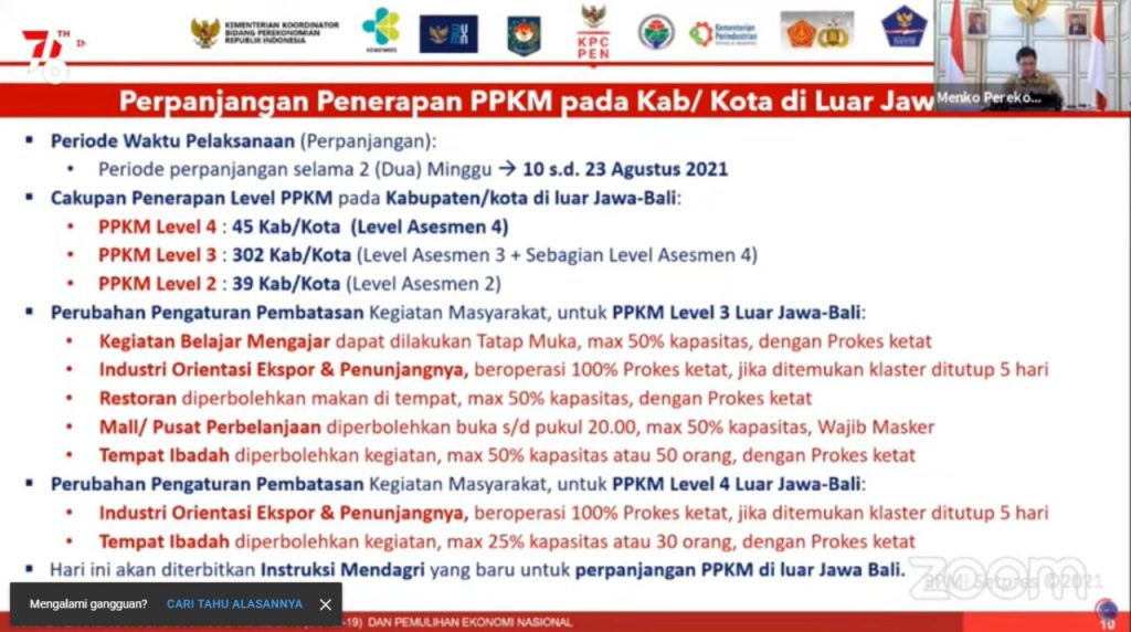 Menko Perekonomian, Airlangga Hartarto, saat memaparak perpanjangan PPKM Level 4 luar Jawa-Bali, dalam siaran pers virtual, Senin (9/8/2021) malam. FOTO: Tangkapan layar Youtube Setpres/Lingkar.co