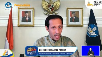 Mendikburistek, Nadiem Anwar Makarim, saat menutup secara resmi KOSN 2021 secara virtual, Sabtu (25/9/2021). FOTO: Dok. Kemendikbudristek/Lingkar.co