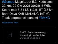 Kabupaten Malang Diguncang Gempa Magnitudo 5,3, BMKG: Tak Berpotensi Tsunami