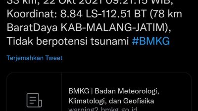 Tangkapan layar Twitter BMKG tentang Gempa di Kabupaten Malang Jumat (22/10/2021). Twitter/Lingkar.co