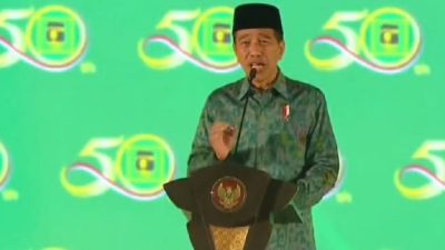 Presiden Jokowi, memberikan sambutan dalam acara puncak harlah ke-50 PPP, di ICE BSD, Tangerang, Jumat (17/2/2023). Foto: Tangkap layar video