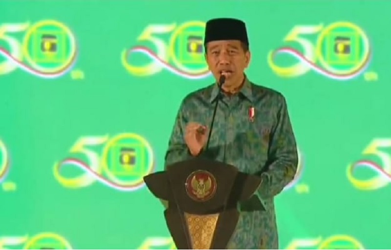 Presiden Jokowi, memberikan sambutan dalam acara puncak harlah ke-50 PPP, di ICE BSD, Tangerang, Jumat (17/2/2023). Foto: Tangkap layar video