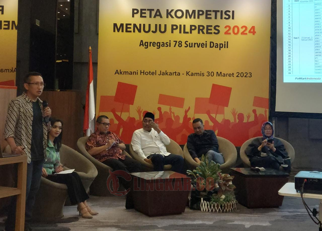 Suasana rilis survei PolMark Indonesia bertajuk “Peta Kompetisi Menuju Pilpres 2024: Agregasi 78 Survei Dapil” di Jakarta, Kamis (30/3/2023). Foto: Dok. PolMark