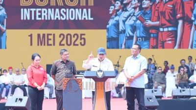 Presiden Prabowo Subianto saat Menghadiri Peringatan Hari Buruh Nasional, di Monas, Kamis (1/5/2025). Foto: dokumentasi Sekretariat Negara