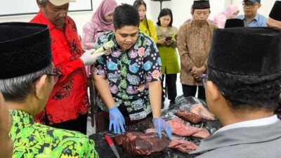 Dispertan Semarang peragakan cara pengecekan organ dalam hewan kurban dalam acara Bimtek. (dok Alan Henry)