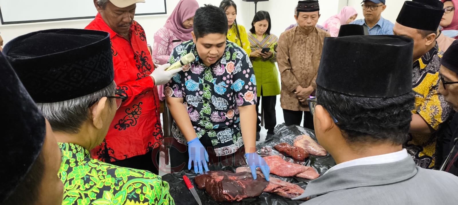 Dispertan Semarang peragakan cara pengecekan organ dalam hewan kurban dalam acara Bimtek. (dok Alan Henry)