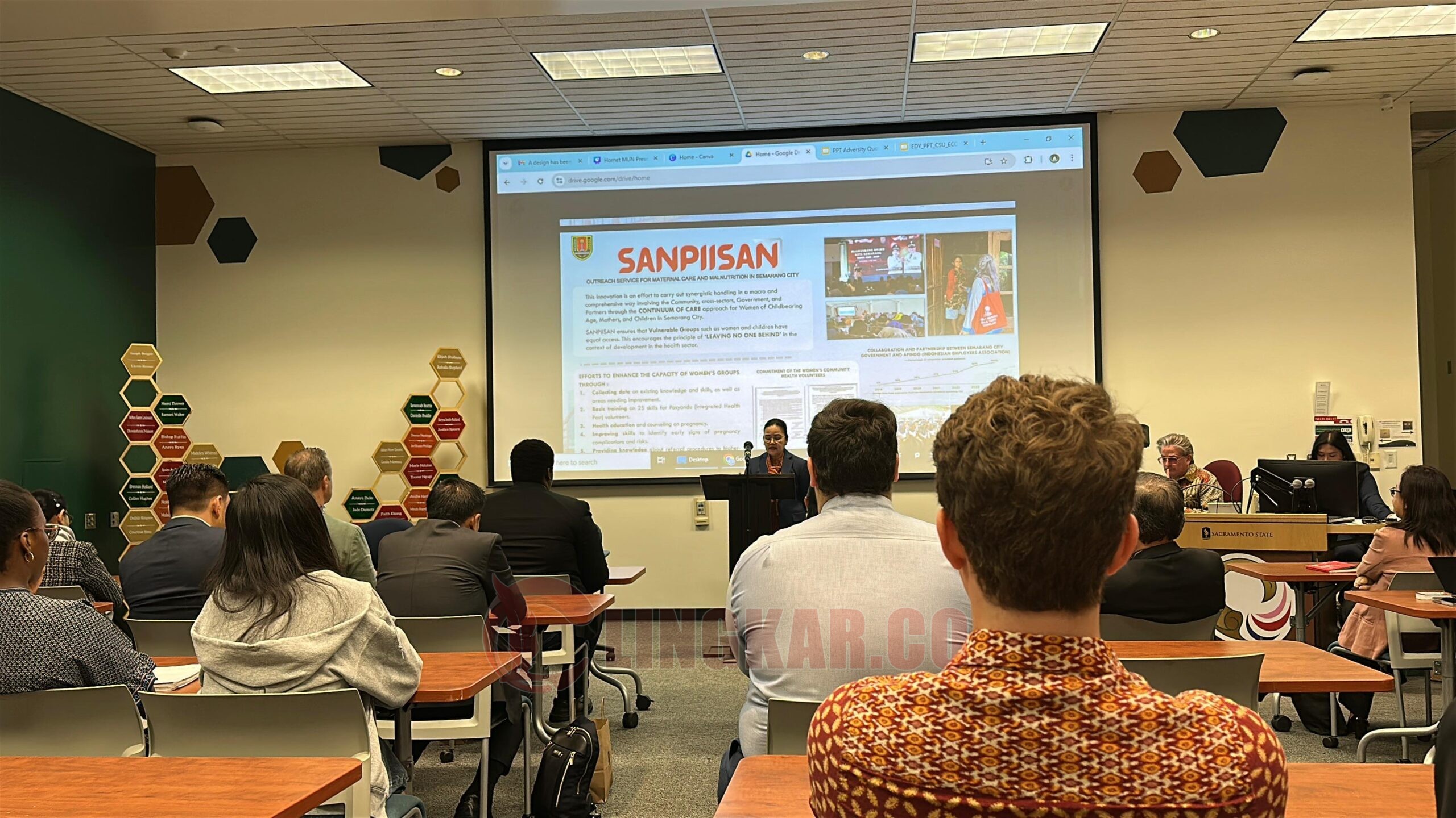Wali Kota Semarang, Agustina Wilujeng Pramestuti saat menjadi narsum dalam kegiatan Konferensi Internasional yang digelar di California State Univercity (CSU), Sacranmento, Amerika Serikat. (dok Pemkot Semarang)
