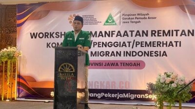 Ketua PW GP Ansor Jawa Tengah DR H M Shidqon Prabowo SH MH saat pembukaan kegiatan literasi keuangan Remitansi untuk keluarga dan pemerhati Pekerja Migran Indonesia di Solo.