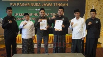 penandatangan nota kesepahaman kerjasama (MoU) antara Pagar Nusa Jawa Tengah dengan Rabithah Ma’ahid Islamiyah (RMI) dan Lembaga Pendidikan Ma’arif NU Jawa Tengah di Pondok Pesantren API Tegalrejo Magelang. Sabtu (25/10/2025)