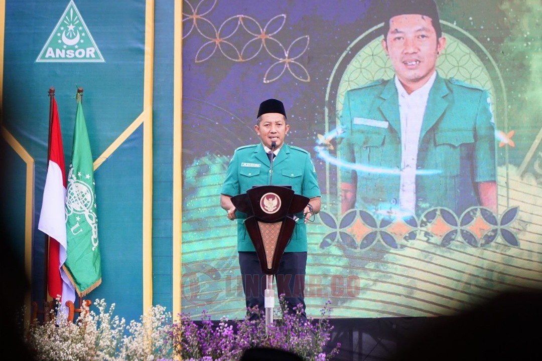 Ketua umum PP GP Ansor, Adin Jauharudin saat memberikan sambutan pelantikan PW GP Ansor Jateng hari ini, Ahad (2/11/2025) di Ponpes Ash Shodiqiyah, Kelurahan Sawah Besar, Kecamatan Gayamsari, Kota Semarang. Foto: dokumentasi