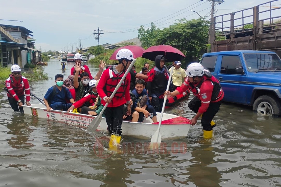 Relawan PMI Kota Semarang saat melakukan evakuasi warga terdampak banjir. Foto: dokumentasi