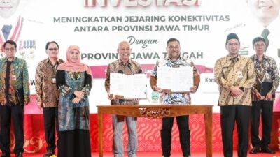 Wakil Gubernur Jawa Tengah, Taj Yasin Maimoen dan Gubernur Jawa Timur, Khofifah Indar Parawansa saat menghadiri kegiatan Temu Bisnis Pelaku Usaha Antarprovinsi di PO Hotel Semarang, Kamis (29/1/2026).
