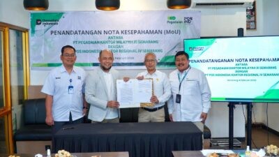 MoU PT Pegadaian Kantor Wilayah XI Semarang dengan PT Pos Indonesia Kantor Regional 4 Jawa Tengah–DIY. (dok Pegadaian)