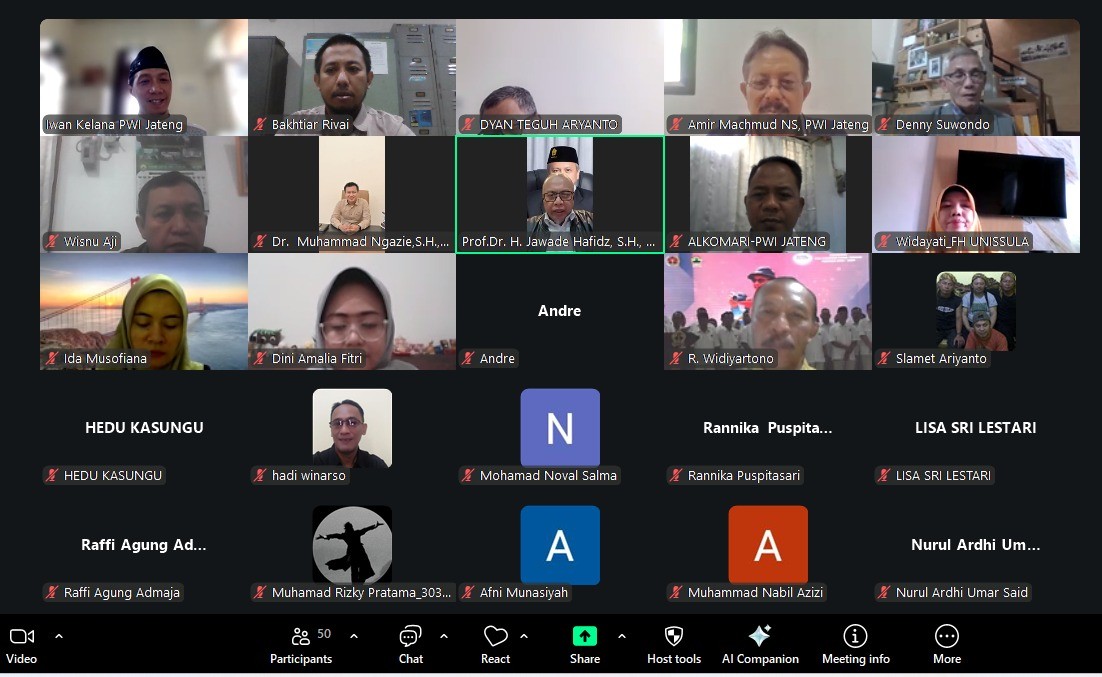 Sekolah Jurnalistik Angkatan XXVI secara daring oleh PWI Jateng dan FH Unissula. (dok PWI Jateng)