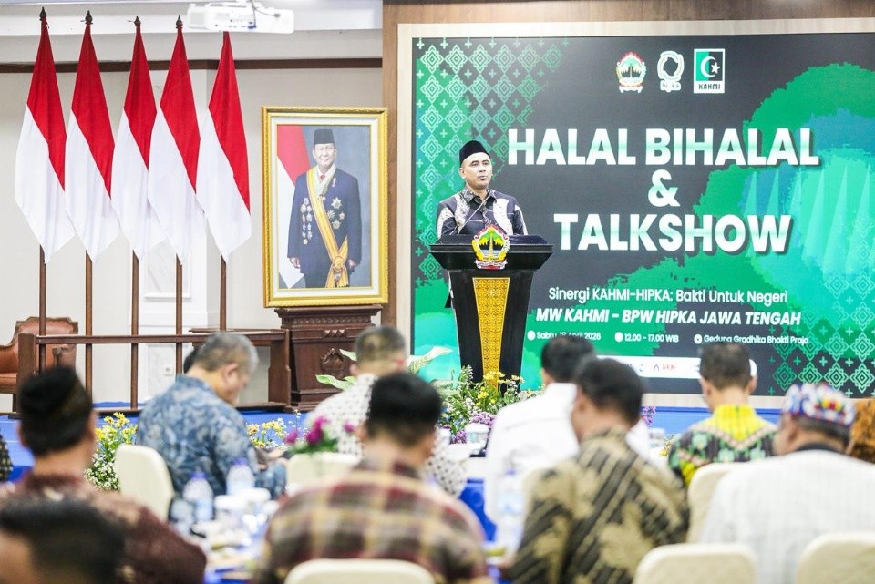 Wakil Gubernur Jawa Tengah, Taj Yasin Maimoen saat sambutan acara Halal bihalal dan Talk Show yang digelar BPW HIPKA Jateng di Gedung Gradhika Bhakti Praja, Kompleks Kantor Gubernur Jateng, Kota Semarang, Sabtu (18/4/2026). Foto: dokumentasi