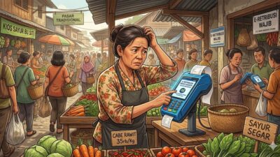 Ilustrasi pedagang pasar yang mengeluhkan sistem e-retribusi lewat bank swasta nasional. Foto: Google Gemini