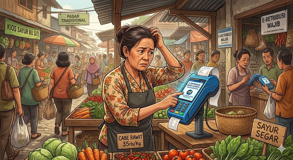 Ilustrasi pedagang pasar yang mengeluhkan sistem e-retribusi lewat bank swasta nasional. Foto: Google Gemini