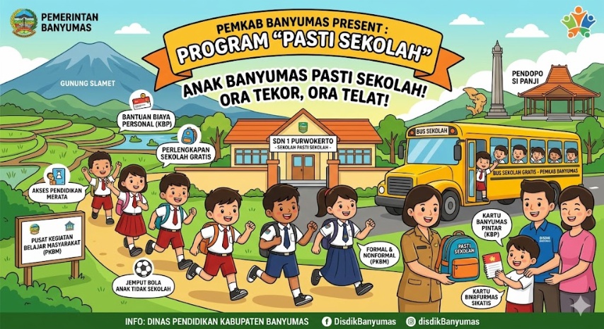 Ilustrasi gambar penerapan program Pasti Sekolah agar anak di kabupaten Banyumas mendapatkan akses pendidikan yang layak. Foto: Google Gemini