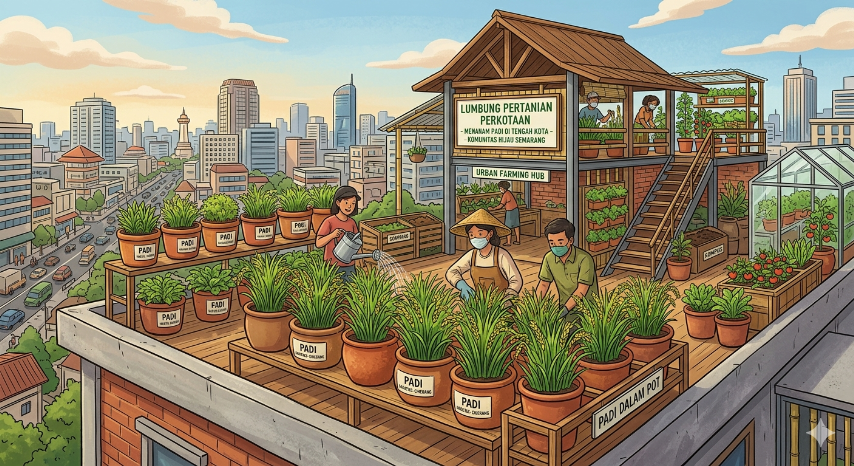 Ilustrasi ketahanan pangan dengan menanam padi di pot. Foto: Google Gemini